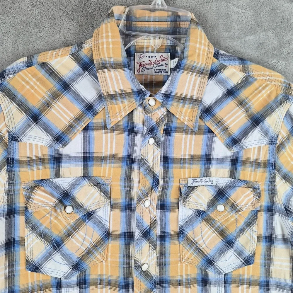 True Religion Rocky Western Shirt Men Large Yellow Blue Plaid Pearl Snap Cotton